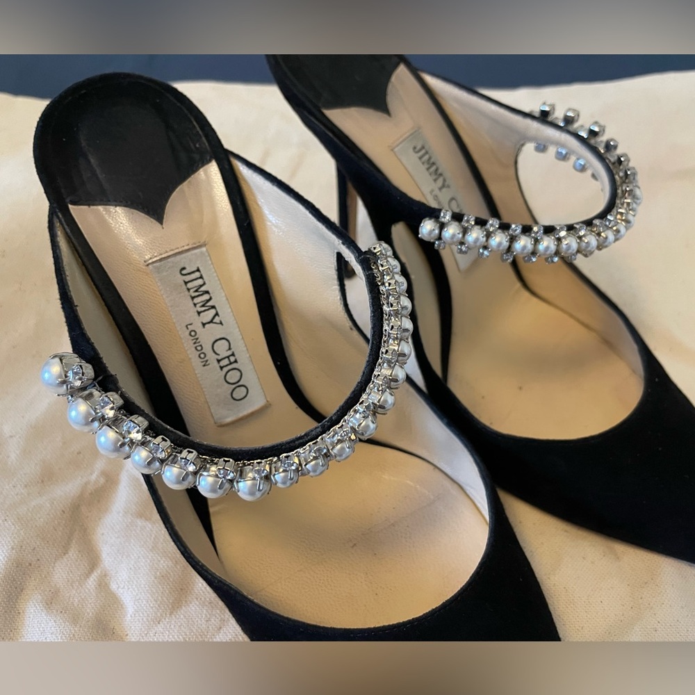 Jimmy Choo Bing Crystal-Embellished Heeled Mules in Black Velvet - Picture 4 of 7